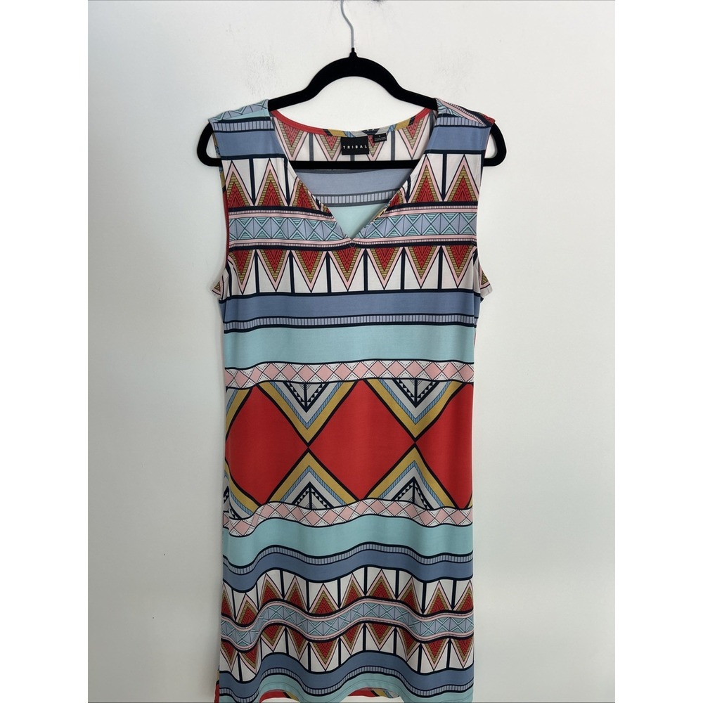 Tribal Women's L Sleeveless‎ Knee-High Aztec Pattern Multicolor V-Neck Dress